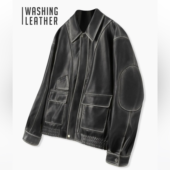 MUSINSA DIMITRI BLACK Korean Brand Authentic Washed Vegan Leather Jacket Black - Picture 2 of 15